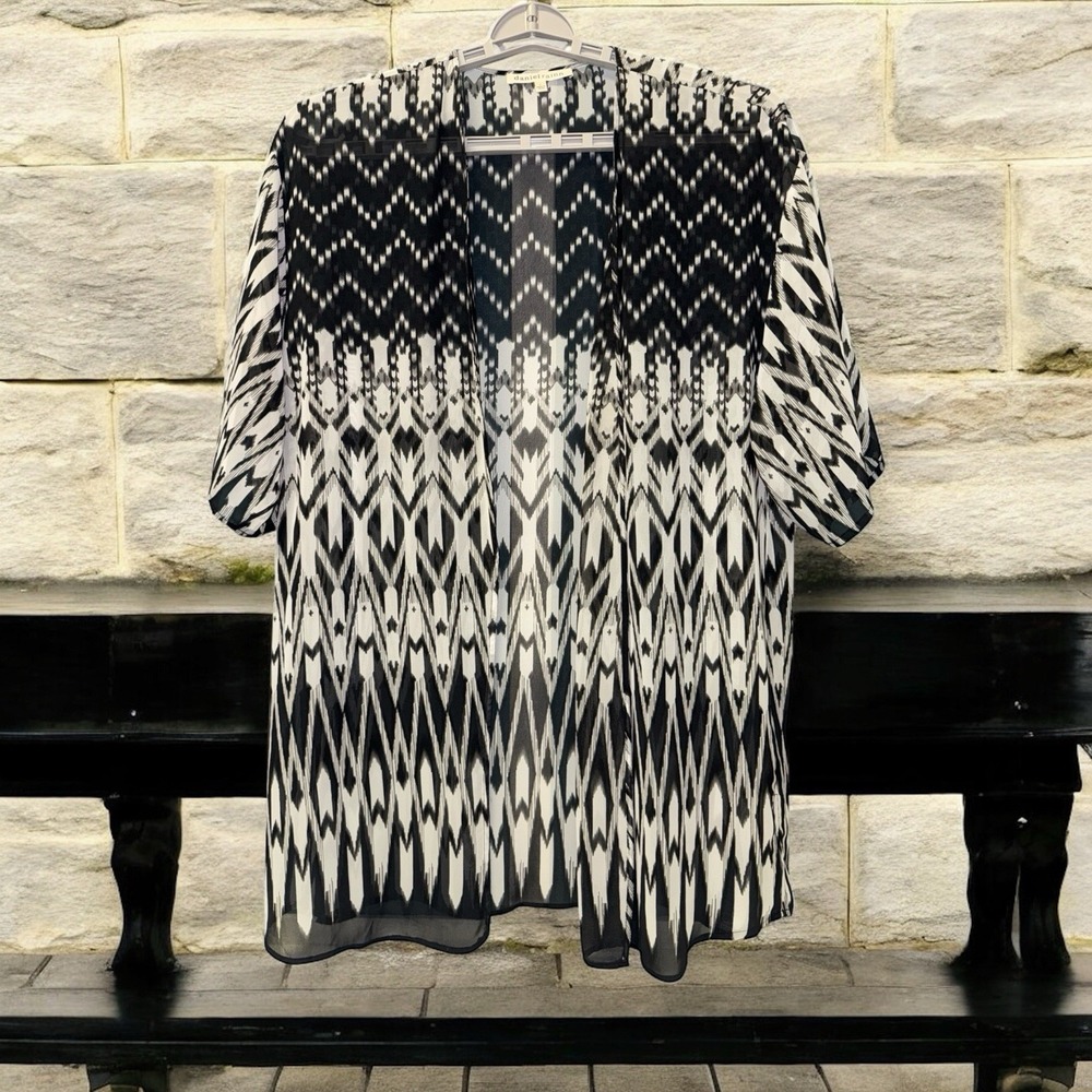 Daniel Rainn Women's Top L Black White Flowy Sheer Cardigan Open Front Cover Up